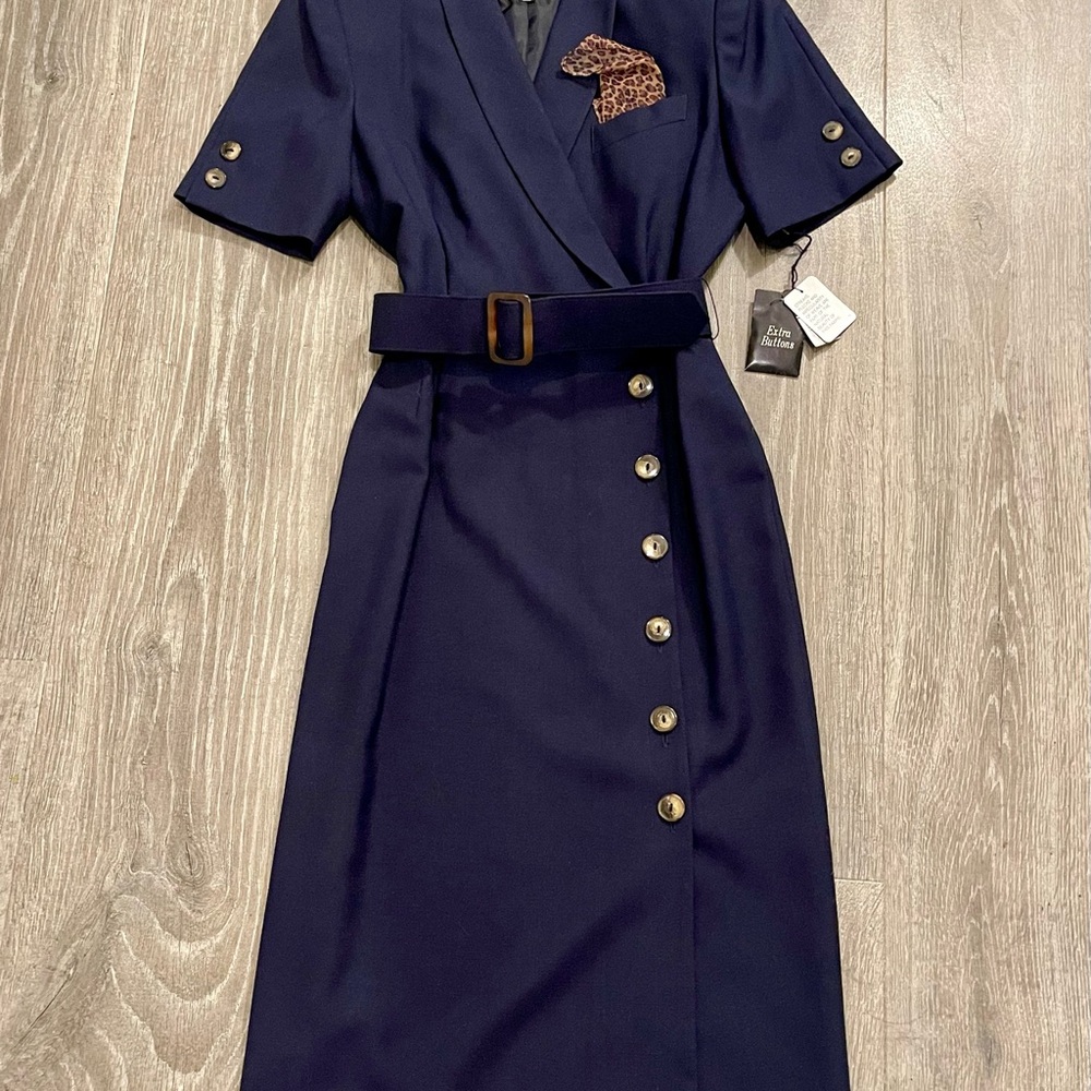 Vintage Kasper for A.S.L. Navy Blue Belted Dress Size 4